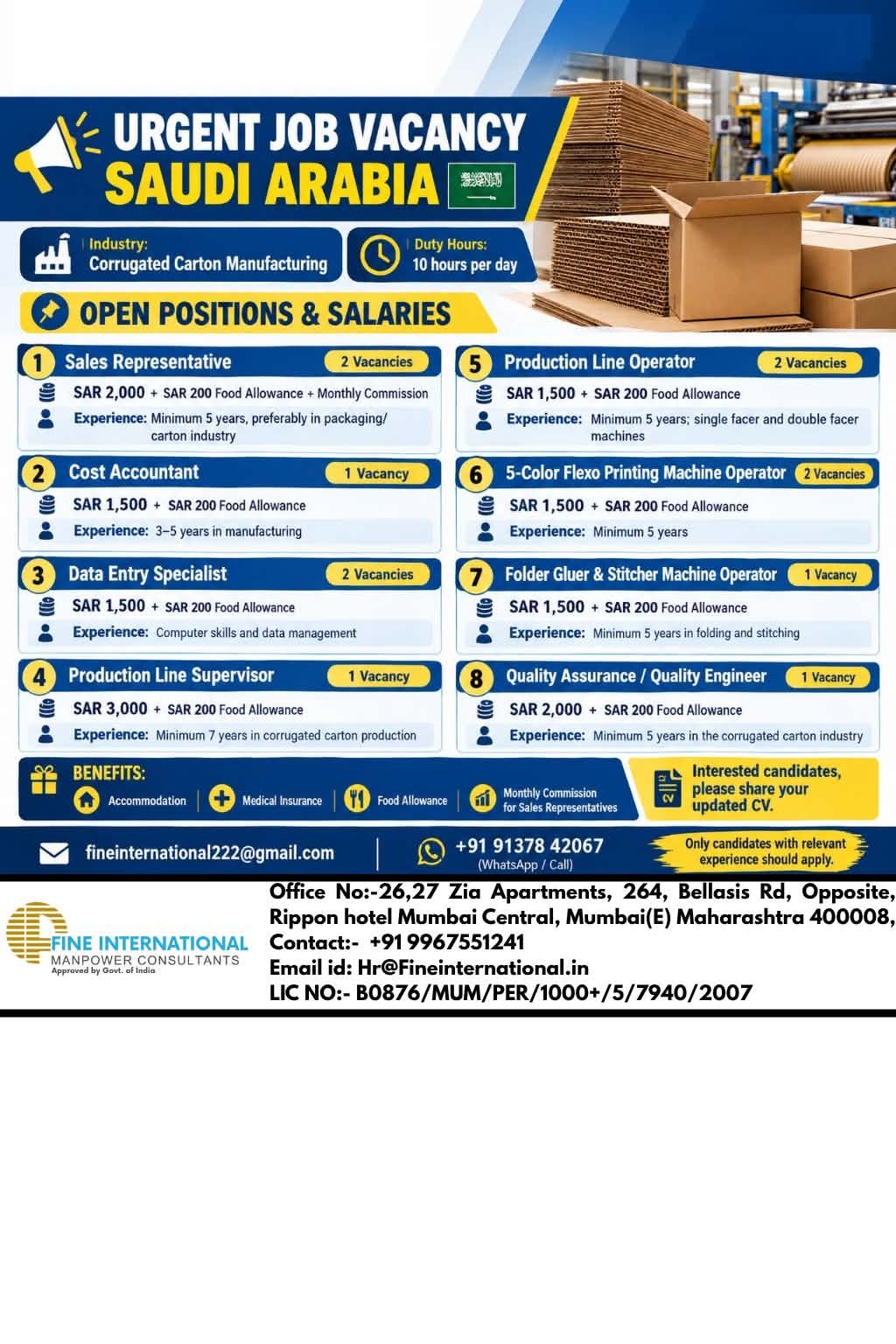 Saudi Arabia Jobs 2026: Corrugated Carton Manufacturing Vacancies