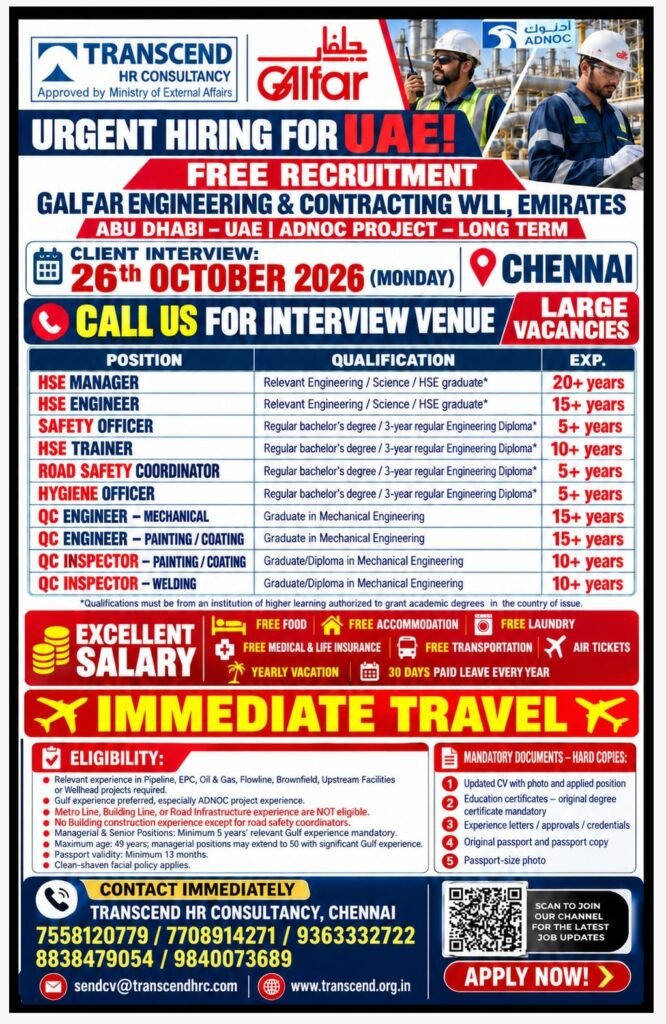 UAE Jobs 2026 – GALFAR Project | HSE, QC & Safety Vacancies