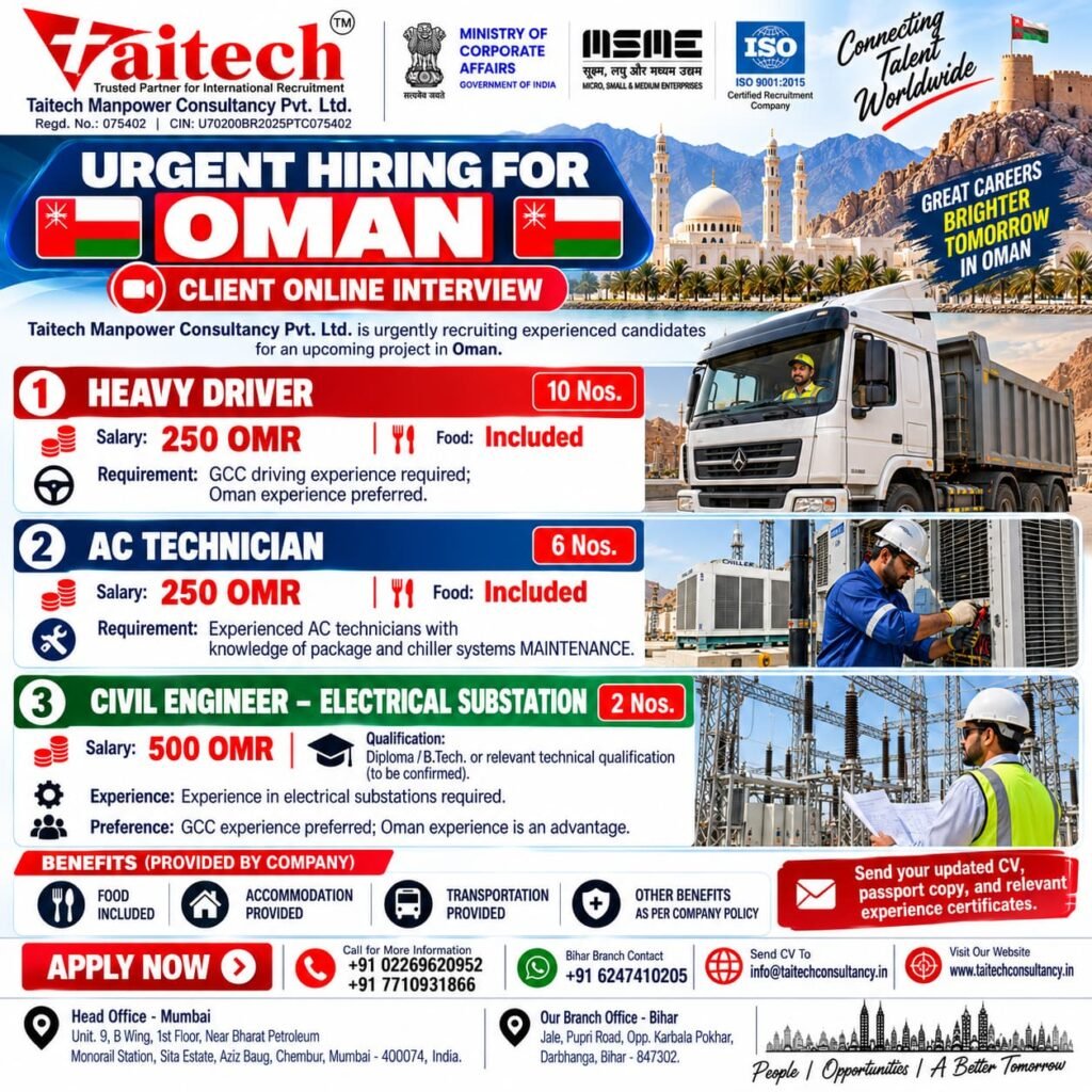 Oman Jobs 2026: Heavy Driver, AC Technician and Civil Engineer Vacancies Oman Jobs 2026: Heavy Driver, AC Technician and Civil Engineer Vacancies