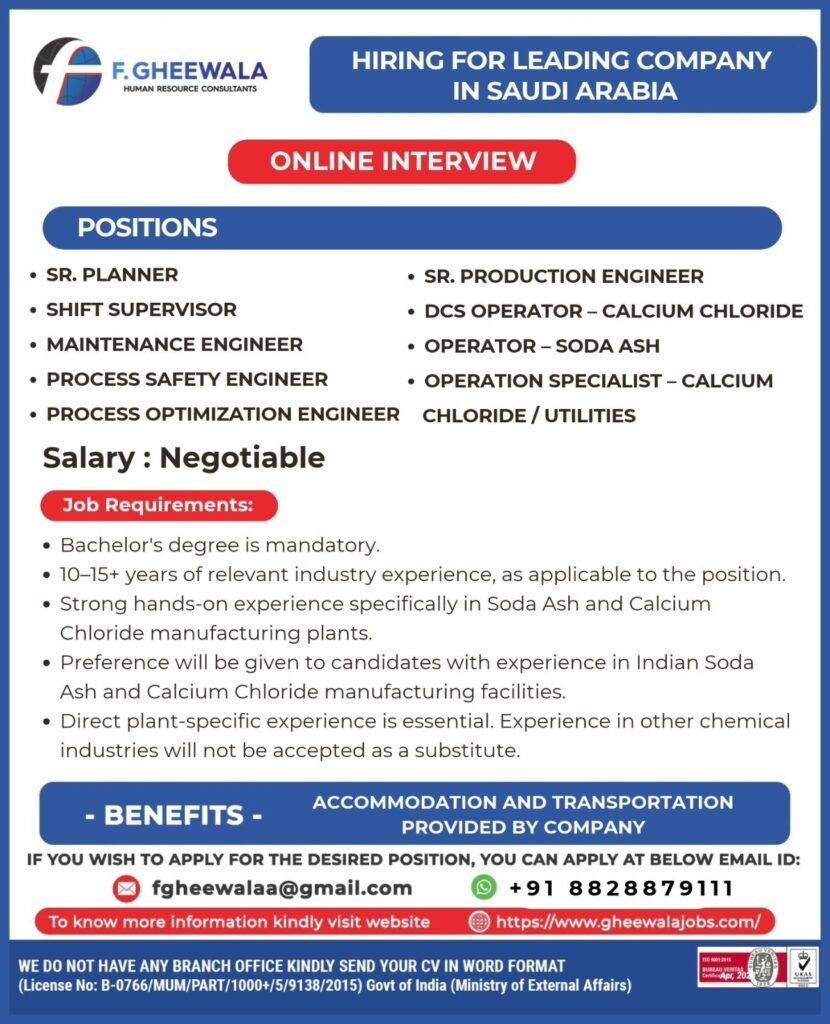 Saudi Arabia Jobs 2026: Senior Planner, Engineers, Supervisors and Plant Operators