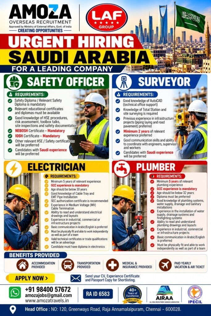 Saudi Arabia Jobs 2026: Safety Officer, Surveyor, Electrician and Plumber Vacancies Saudi Arabia Jobs 2026: Safety Officer, Surveyor, Electrician and Plumber Vacancies