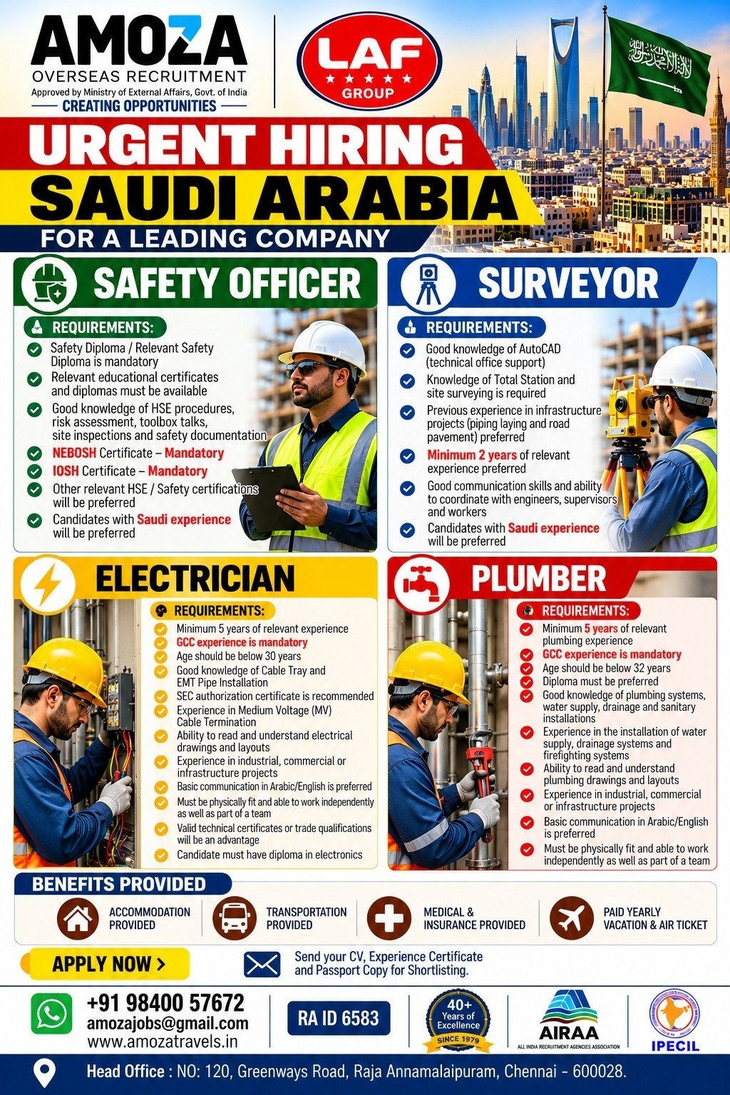 Saudi Arabia Jobs 2026: Safety Officer, Surveyor, Electrician and Plumber Vacancies