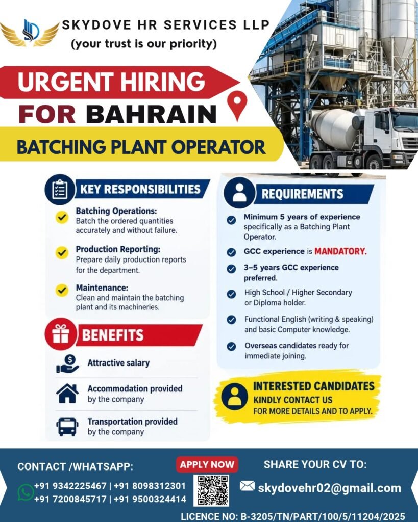 Bahrain Jobs 2026: Batching Plant Operator Vacancy for Experienced GCC Candidates