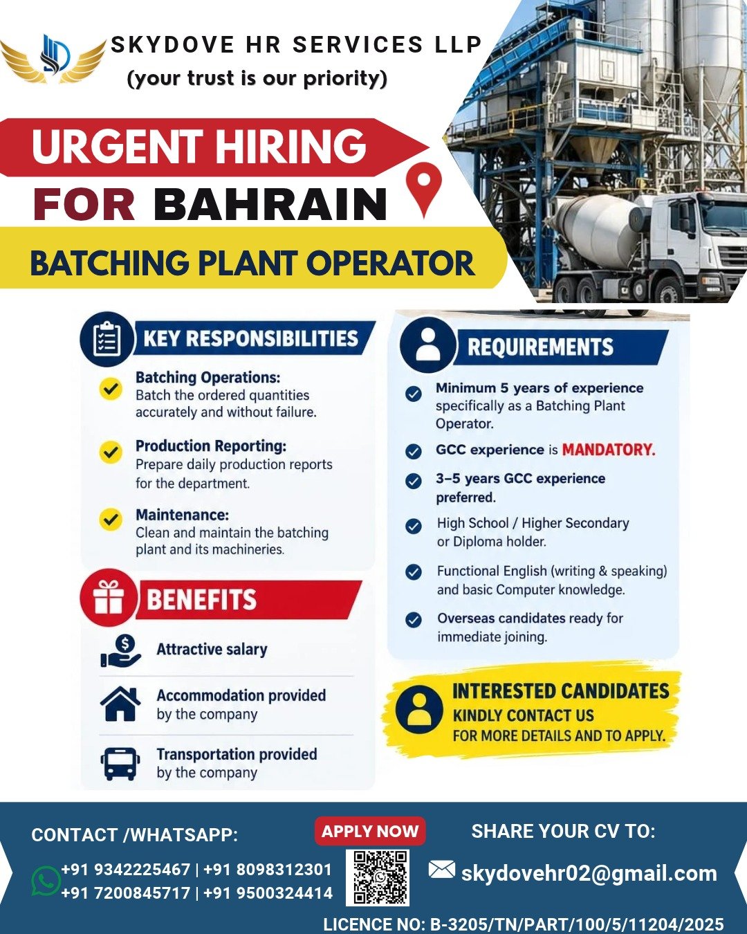 Bahrain Jobs 2026: Batching Plant Operator Vacancy for Experienced GCC Candidates