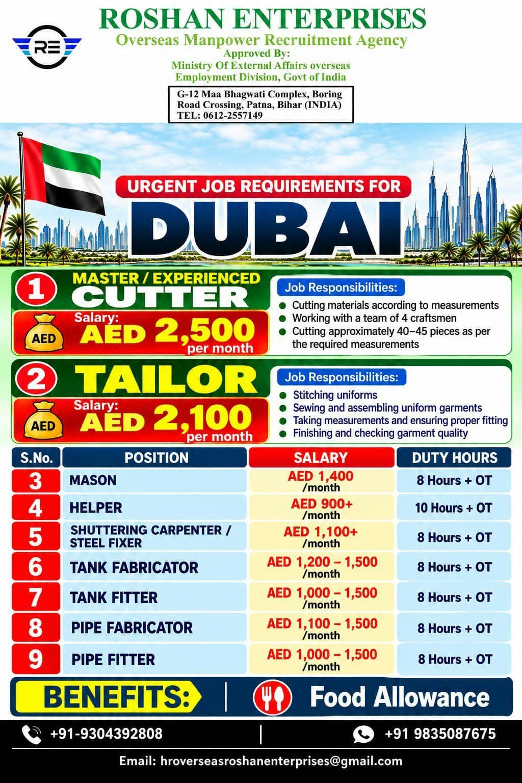 Dubai Jobs 2026: Hiring Cutters, Tailors, Masons, Helpers and Many More..