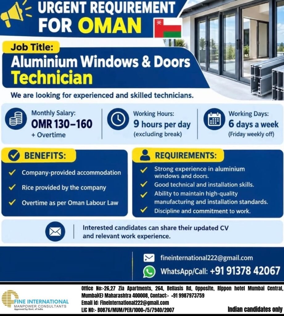 Oman Jobs 2026: Aluminium Windows and Doors Technician