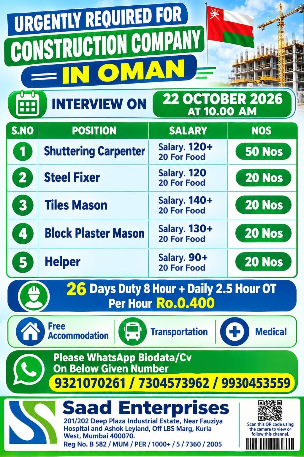Oman Construction Jobs 2026: 130 Vacancies for Carpenters, Steel Fixers, Masons and Helpers