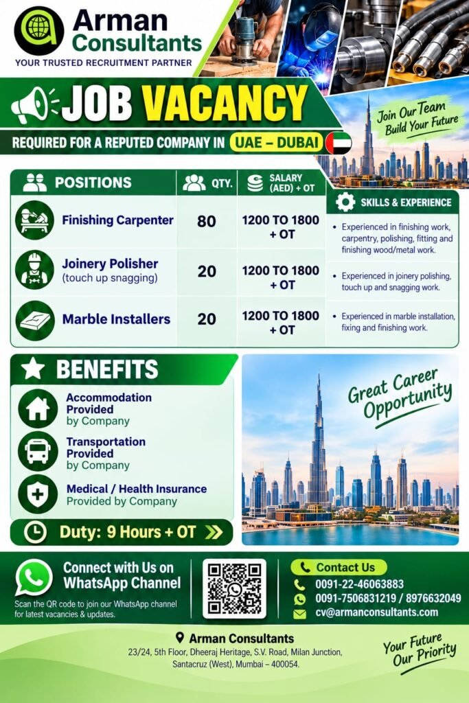 UAE Dubai Jobs 2026: Hiring Finishing Carpenters, Joinery Polishers and Marble Installers