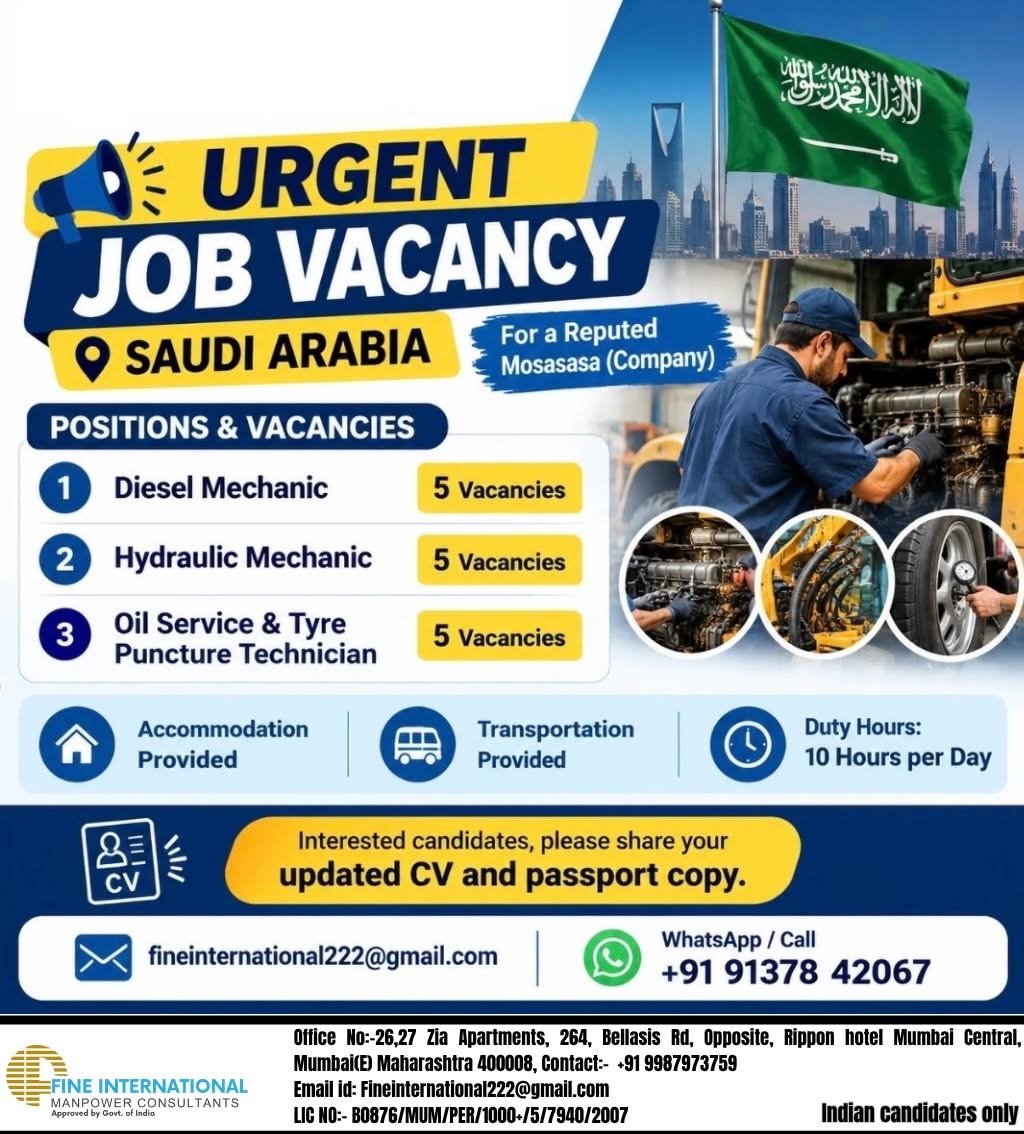Saudi Arabia Jobs 2026: Diesel Mechanic, Hydraulic Mechanic and Tyre Technician Vacancies