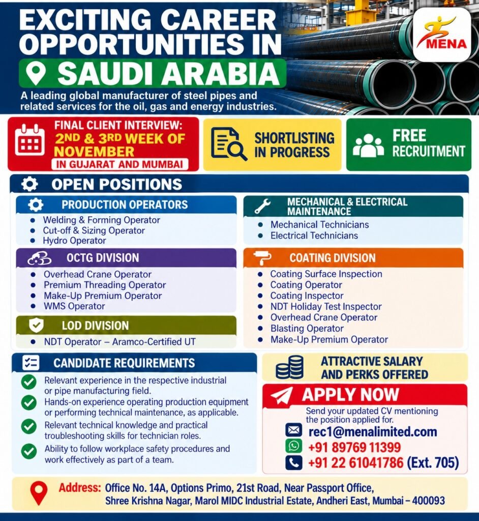 Saudi Arabia Jobs 2026: Steel Pipe Manufacturing Vacancies 