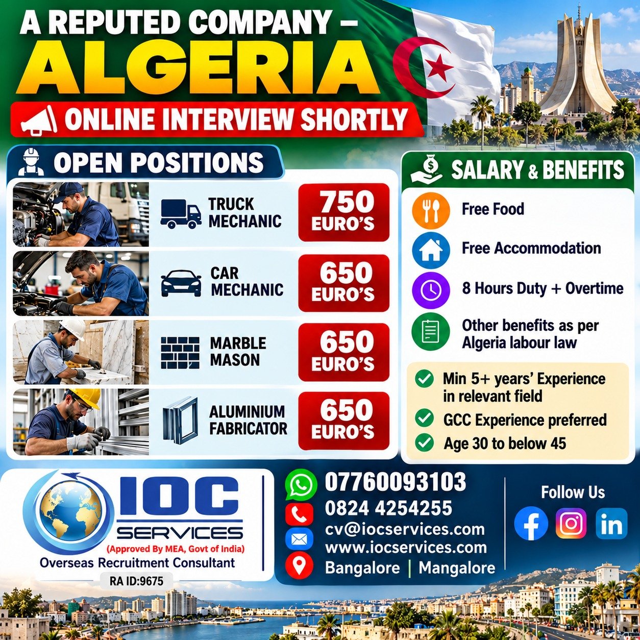 Algeria Jobs 2026: Truck Mechanic, Car Mechanic, Marble Mason and Aluminium Fabricator Vacancies