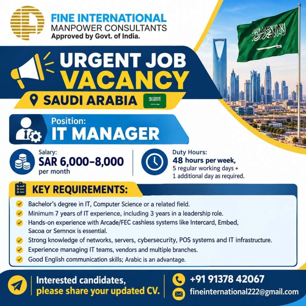 Saudi Arabia IT Manager Jobs 2026: Salary Up to SAR 8,000 Per Month Saudi Arabia IT Manager Jobs 2026: Salary Up to SAR 8,000 Per Month