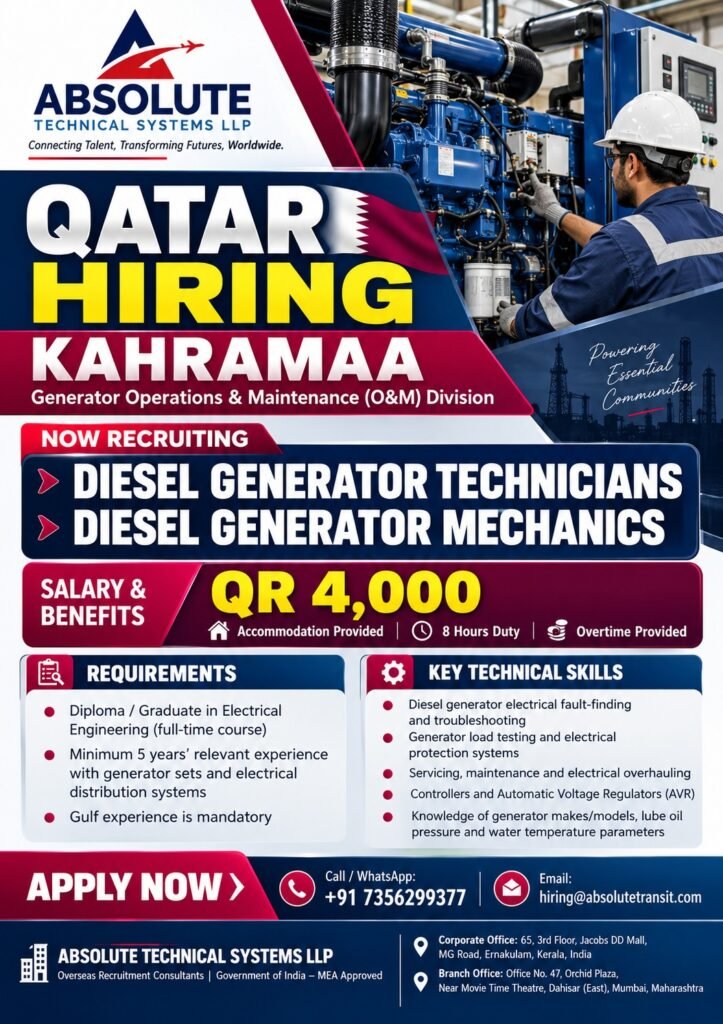 Qatar Jobs 2026: Diesel Generator Technicians and Mechanics Required in Kahramaa