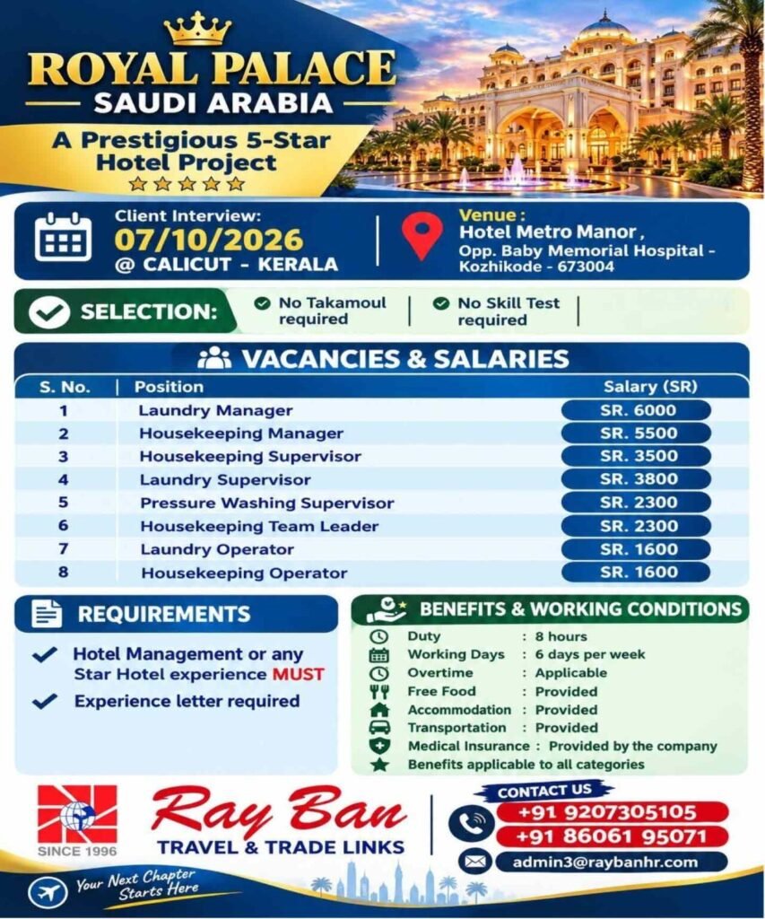 Royal Palace Saudi Arabia Jobs 2026 – Hotel Management, Laundry and Housekeeping Vacancies