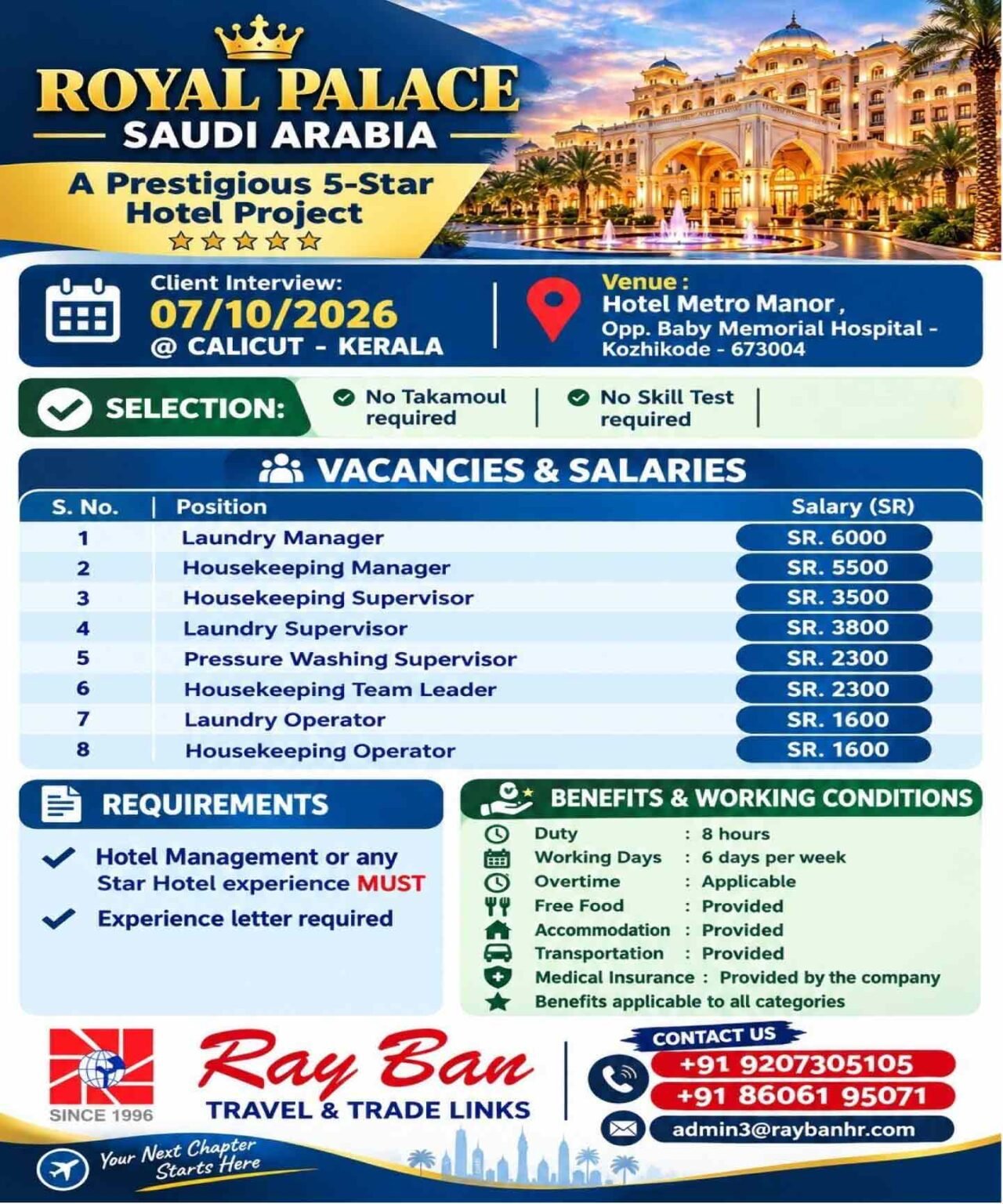 Royal Palace Saudi Arabia Jobs 2026 – Hotel Management, Laundry and Housekeeping Vacancies