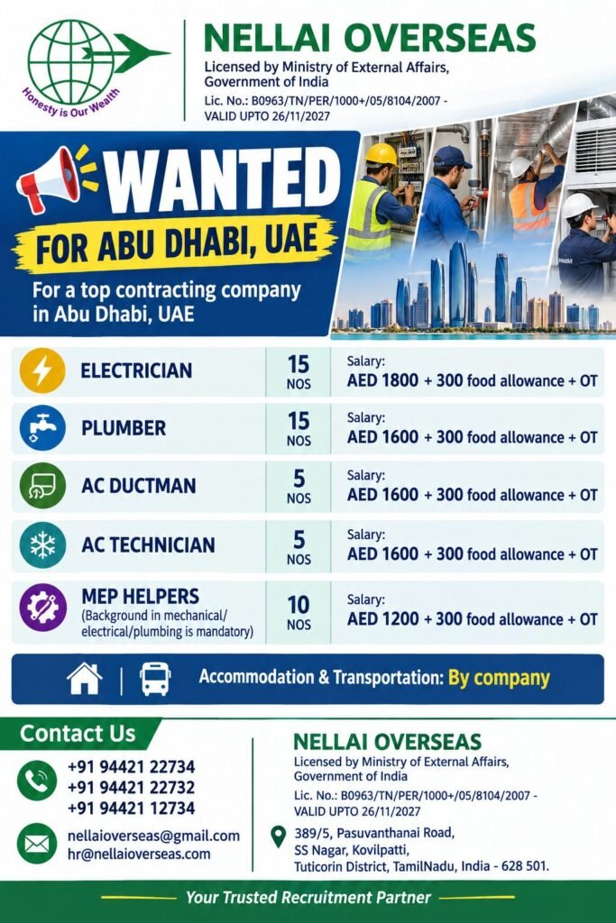 UAE Jobs 2026: Abu Dhabi Electrician, Plumber, AC Technician and MEP Helper Vacancies 