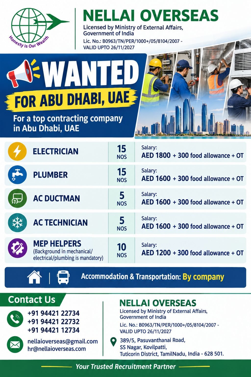 UAE Jobs 2026: Abu Dhabi Electrician, Plumber, AC Technician and MEP Helper Vacancies 